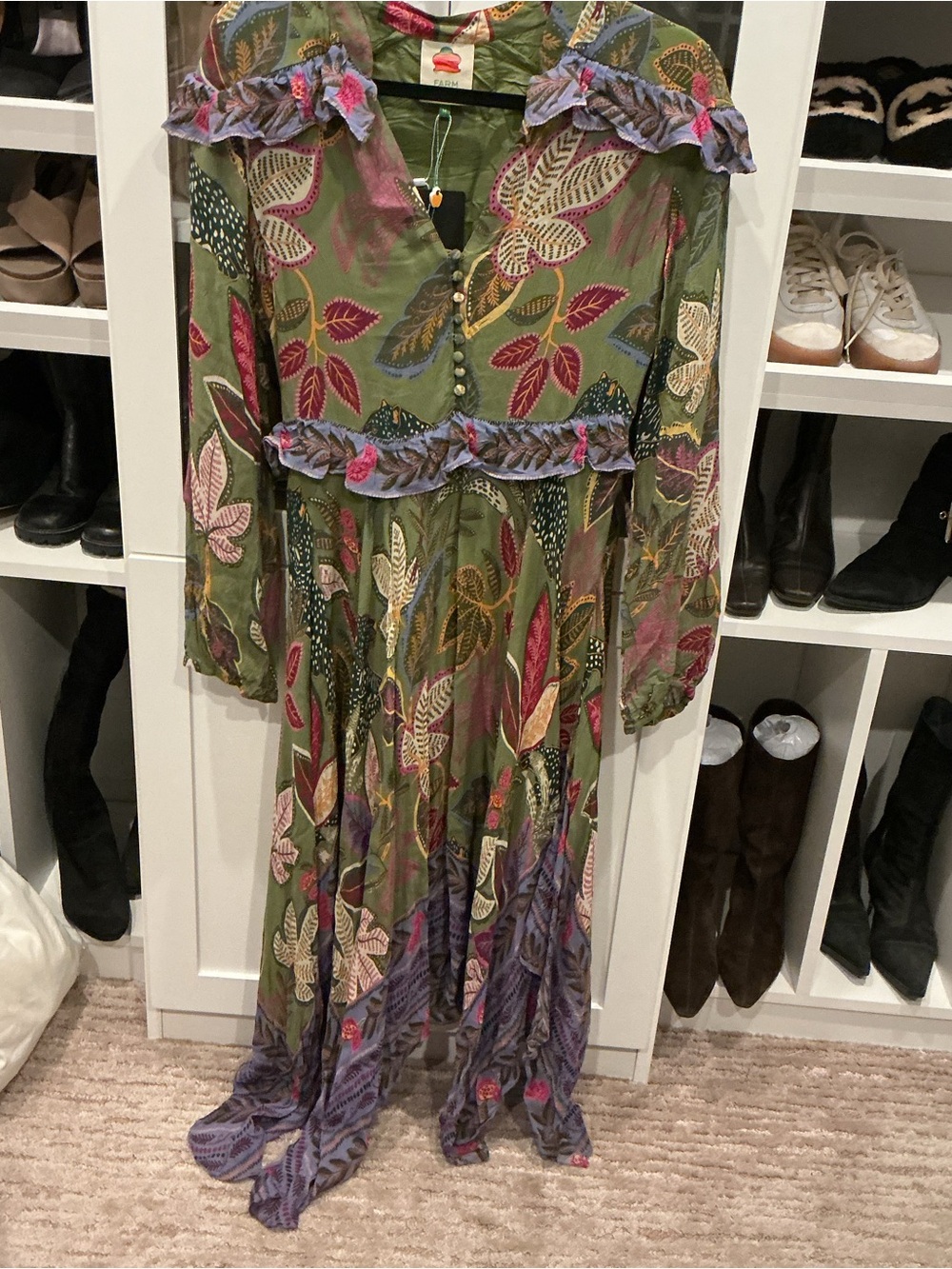 FARM Rio Olive Green Floral Midi Dress with Purple Accents - Picture 4 of 5